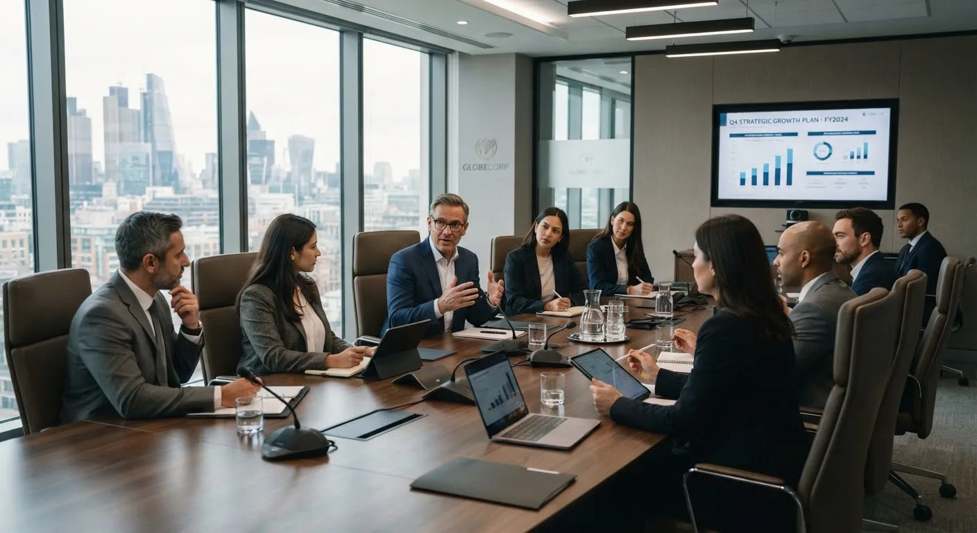 A corporate boardroom meeting in progress.