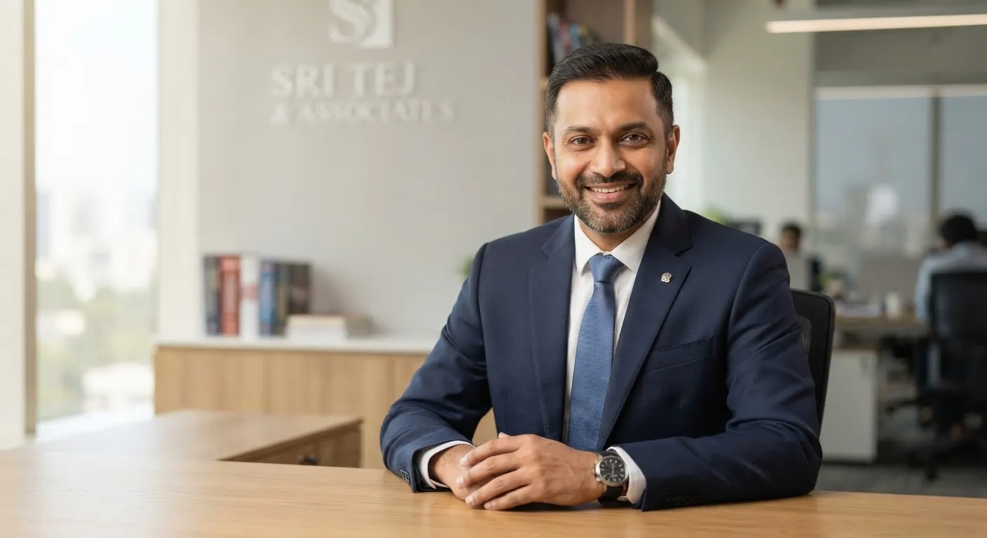 Studio portrait of CA Kiran Teja, Partner at SRI TEJ & ASSOCIATES, in a navy suit against a light grey background.